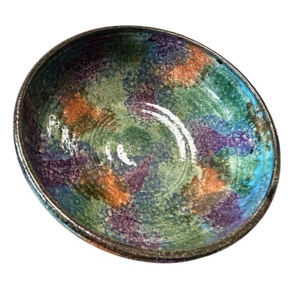 Handcrafted 2010 signed Malsnee Pottery Bowl Multicolor Glaze green purple orang - Picture 13 of 16